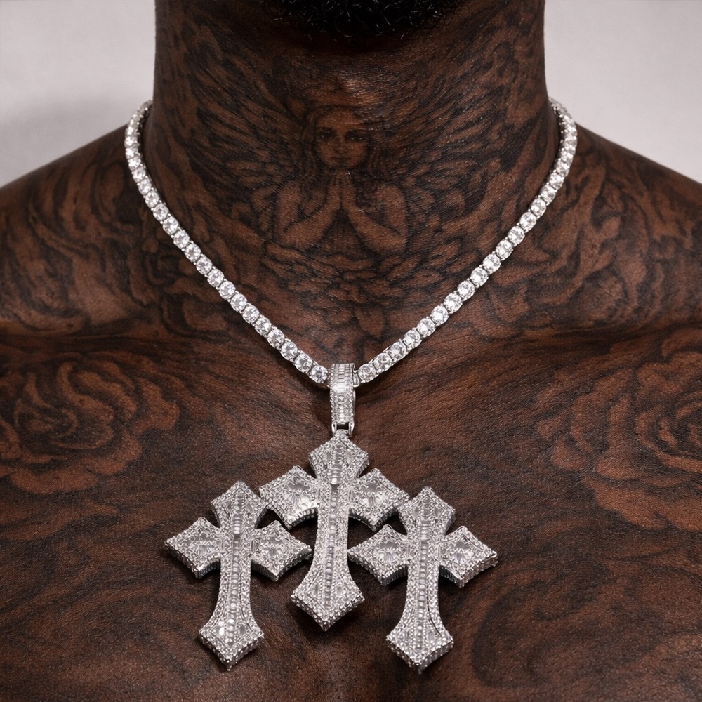 Silver-Tone Triple Cross Men's Pendant Necklace 20inch